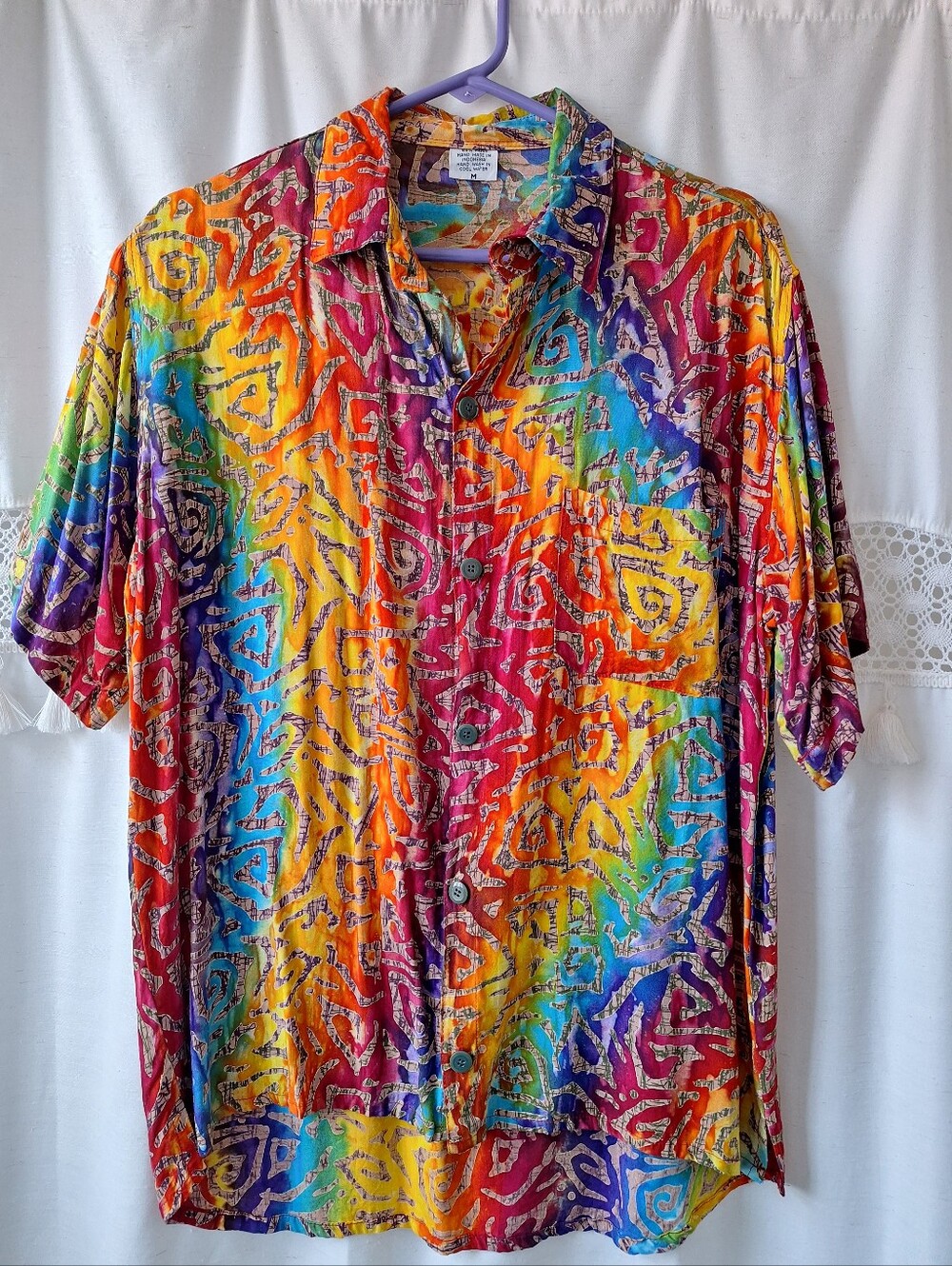 Vintage Style 90's Handmade Indonesian Batik Shirt Unisex Drop Hem Multicolor M